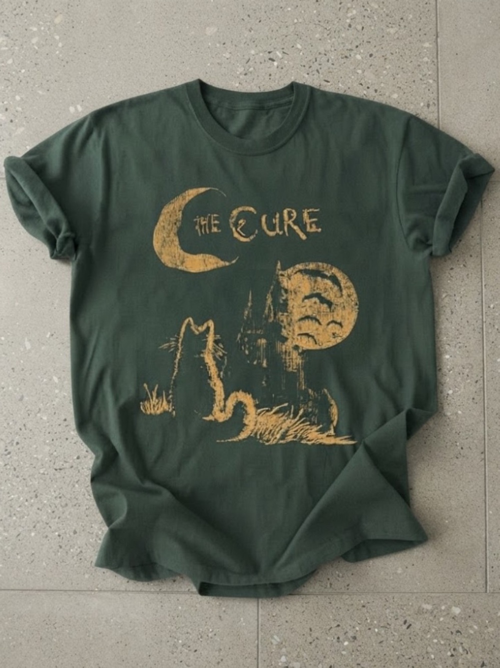 The Cure Gothic Cat Moon Castle Night Dark Magic Green Gildan T-Shirt